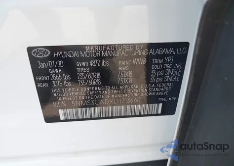 2020 Hyundai Santa Fe Sel z USA, uszkodzony, nr VIN 5NMS3CADXLH213660